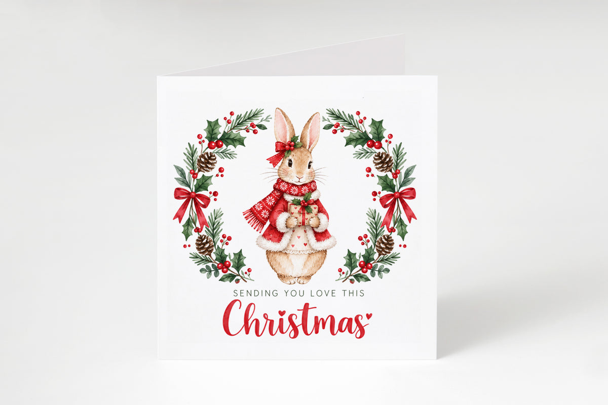 Merry Christmas Card for Girls – Festive Bunny and Xmas Wreath