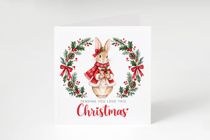 Merry Christmas Card for Girls – Festive Bunny and Xmas Wreath