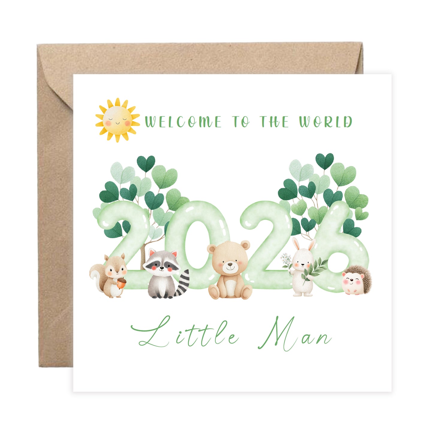 2026 New Baby Boy Card Congratulations for Newborn Boy, Son, Grandson, Nephew, Little One - Welcome To The World, Baby Shower Card - Cute Woodland Animal Design- Brown Kraft Envelope Includednd Date with Kraft Envelope (Copy)