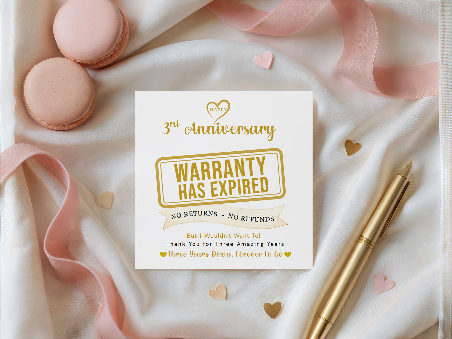 Funny 3rd Anniversary Card- Warranty Has Expired - Third 3 Year Wedding Anniversary Card – No Returns No Refunds Joke Card for Wife, Husband, Her, Him, Relationship Milestones - Gold Envelope Included