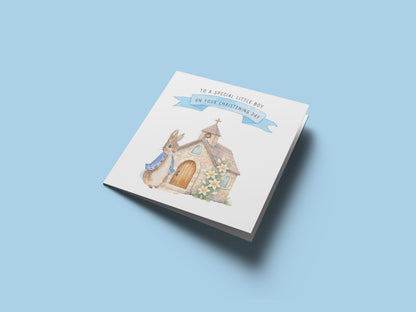Christening Day Card for Boy – Cute Bunny & Church Design – To A Special Little Boy Baptism Christening Card for Boys, Son, Grandson, Nephew with Blue Envelope