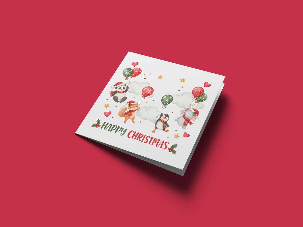 Cute Animal Christmas Card – Panda, Fox, Penguin & Elephant