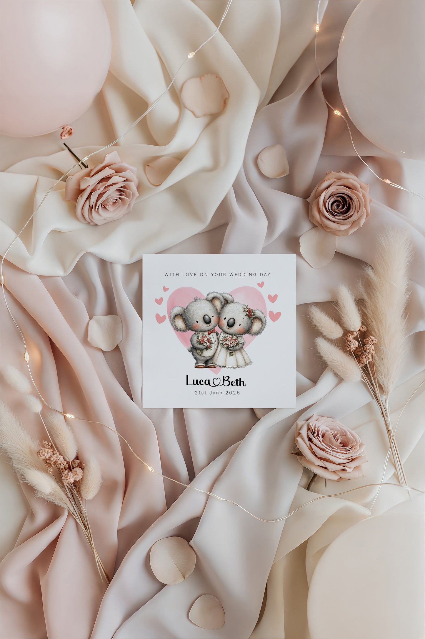 Personalised Wedding Card –with Custom Couple's Names & Wedding Date – Cute Koala Design - Wedding Congratulations Card for Newlywed couples, Animal Lovers, Him or Her - Pink Envelope Included