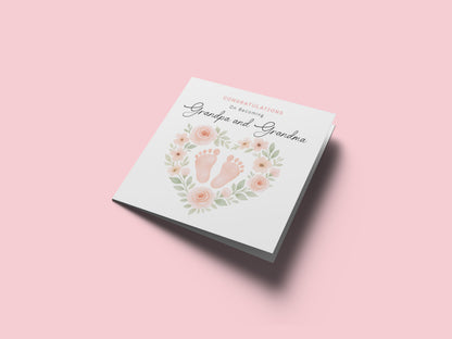 Personalised New Baby Girl Card – Congratulations On Becoming Mum & Dad, Auntie & Uncle, Grandpa & Grandma – Floral Baby Feet design - Pink Envelope Included