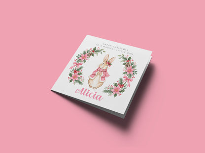 Personalised Christmas Card for Girls – Pink Festive Bunny and Xmas Wreath