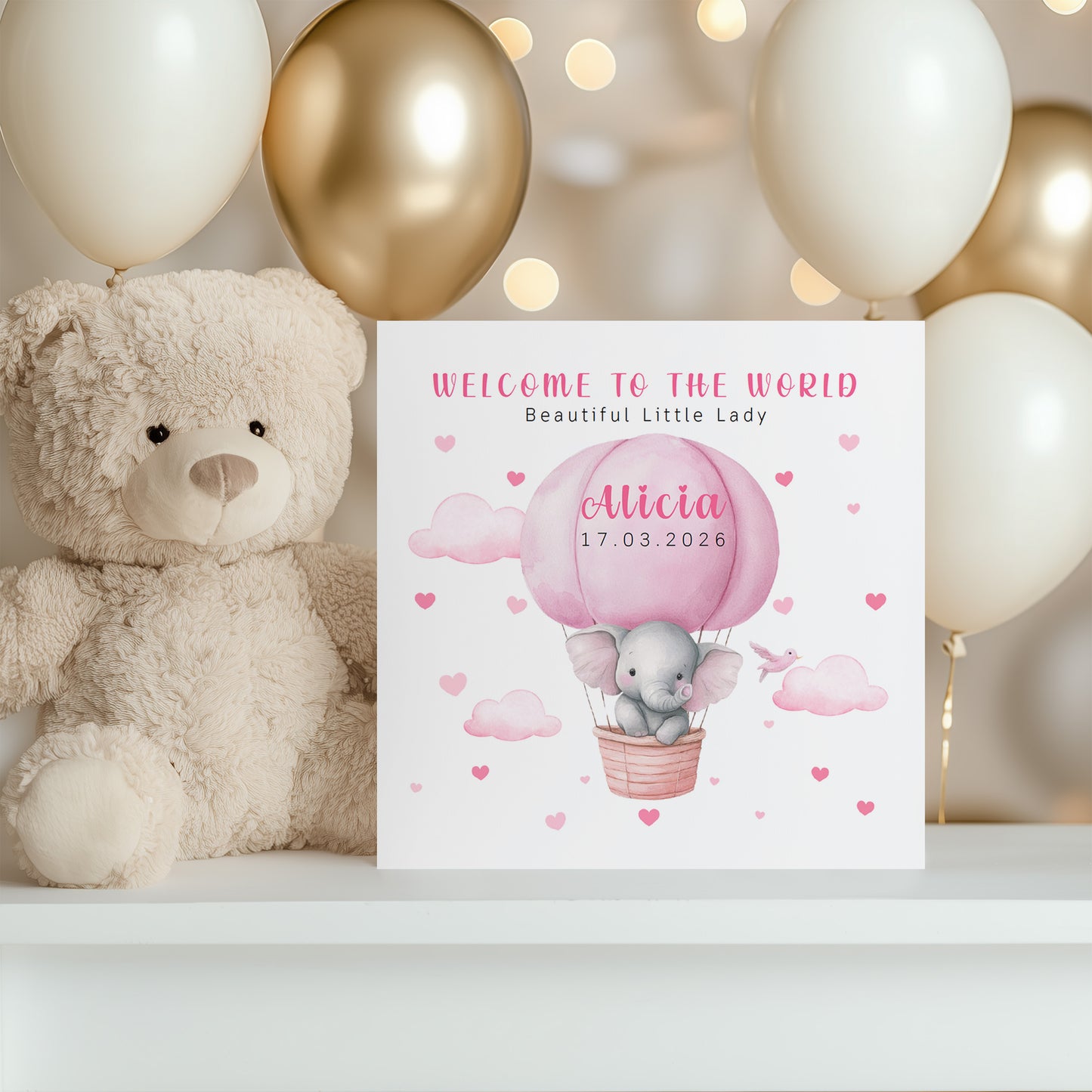 Personalised New Baby Girl Card Congratulations for Newborn Daughter, Granddaughter, Niece - Welcome To The World Card with Elephant and Hot Air Balloon Design - Custom Name & Date with Pink Envelope