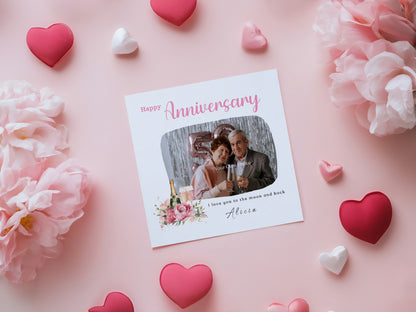 Personalised Photo Anniversary Card - Elegant Floral and Champagne Design - Custom Message, Name & Photo for Wedding, Relationship, Him, Her, Wife, Husband, Partner, Couple - Pink Envelope Included