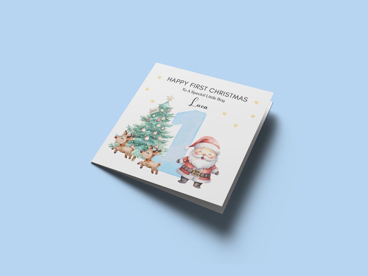 Personalised 1st Christmas Card for Baby Boy – Cute Santa, Reindeer and  Christmas Tree Design with Customised Name & Message, Watercolor First Xmas Card for Son, Grandson, Nephew - Blue  Envelope Included