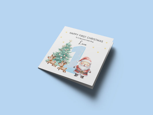Personalised 1st Christmas Card for Baby Boy – Cute Santa, Reindeer and  Christmas Tree Design with Customised Name & Message, Watercolor First Xmas Card for Son, Grandson, Nephew - Blue  Envelope Included
