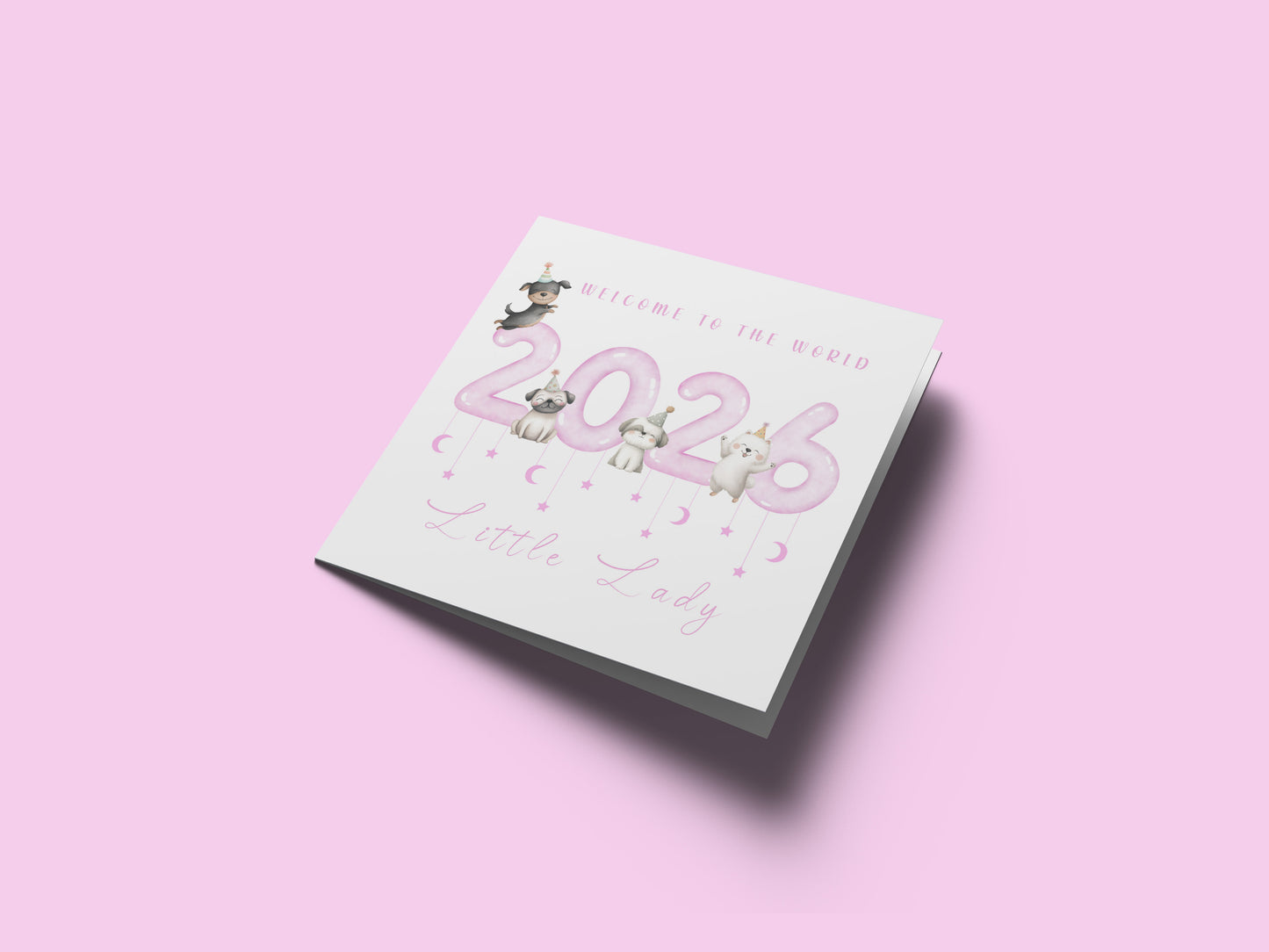 New Baby Girl Card Congratulations for Newborn Baby, Welcome To The World Card, Baby Shower Card for Daughter Granddaughter, Niece, Baby Girl, Little One - Cute Puppy Dogs Design with Pink Envelope