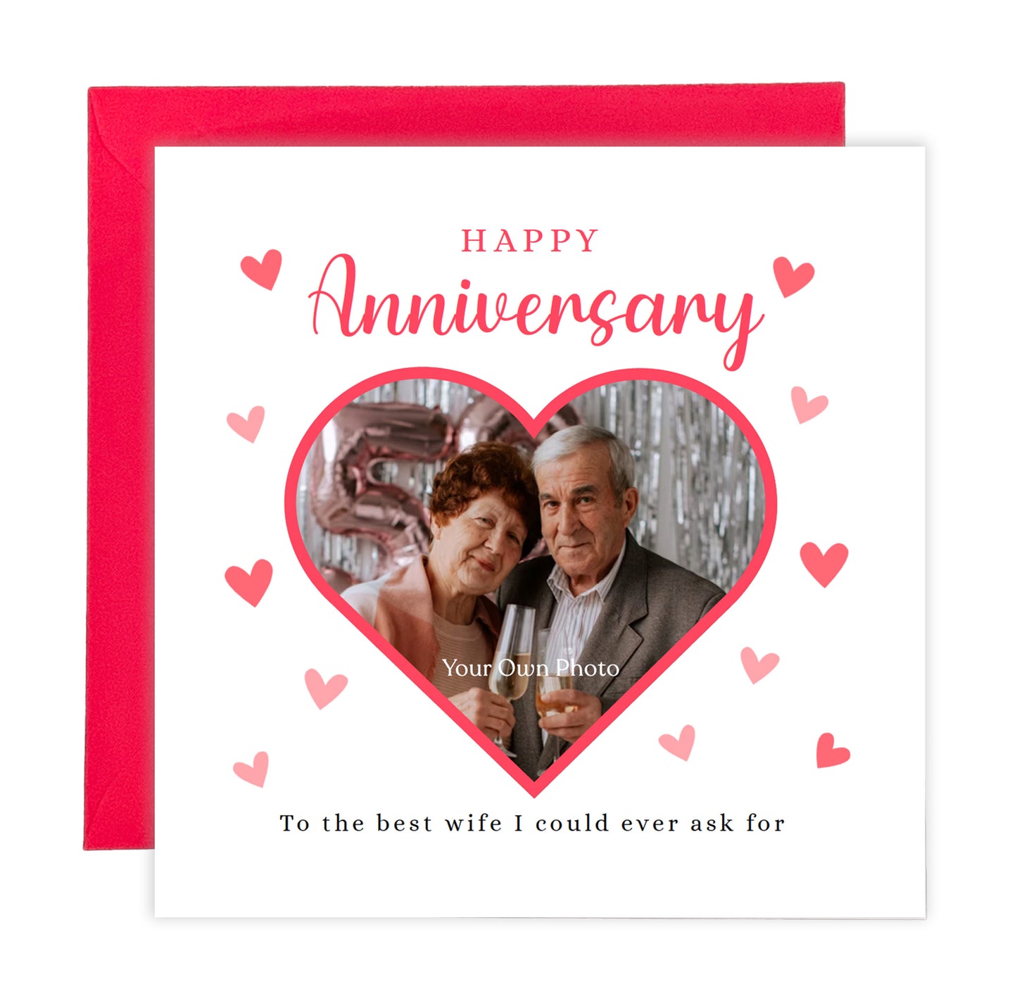 Personalised Photo Anniversary Card - Heart-shaped Photo Frame Design - Custom Message & Photo for Wedding, Dating, Relationship Milestone, Wife, Husband, Partner, Couple - Red Envelope Included