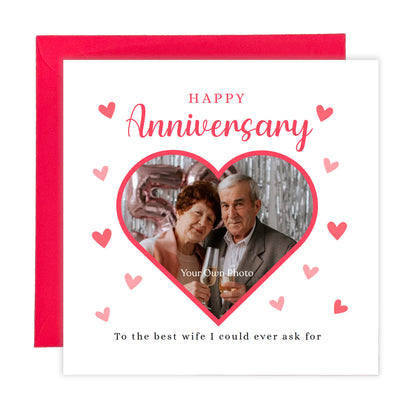 Personalised Photo Anniversary Card - Heart-shaped Photo Frame Design - Custom Message & Photo for Wedding, Dating, Relationship Milestone, Wife, Husband, Partner, Couple - Red Envelope Included