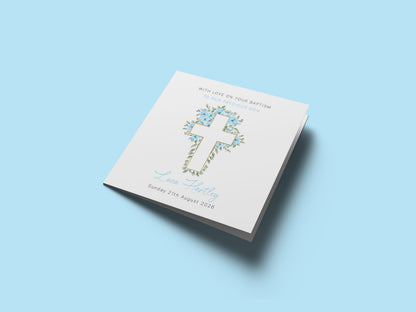 Personalised Christening Card for Boy – Custom Baptism Card with Message, Name & Date - Roses & Cross Design – Religious Baptism Card for Boys, Son, Grandson, Nephew with Blue Envelope