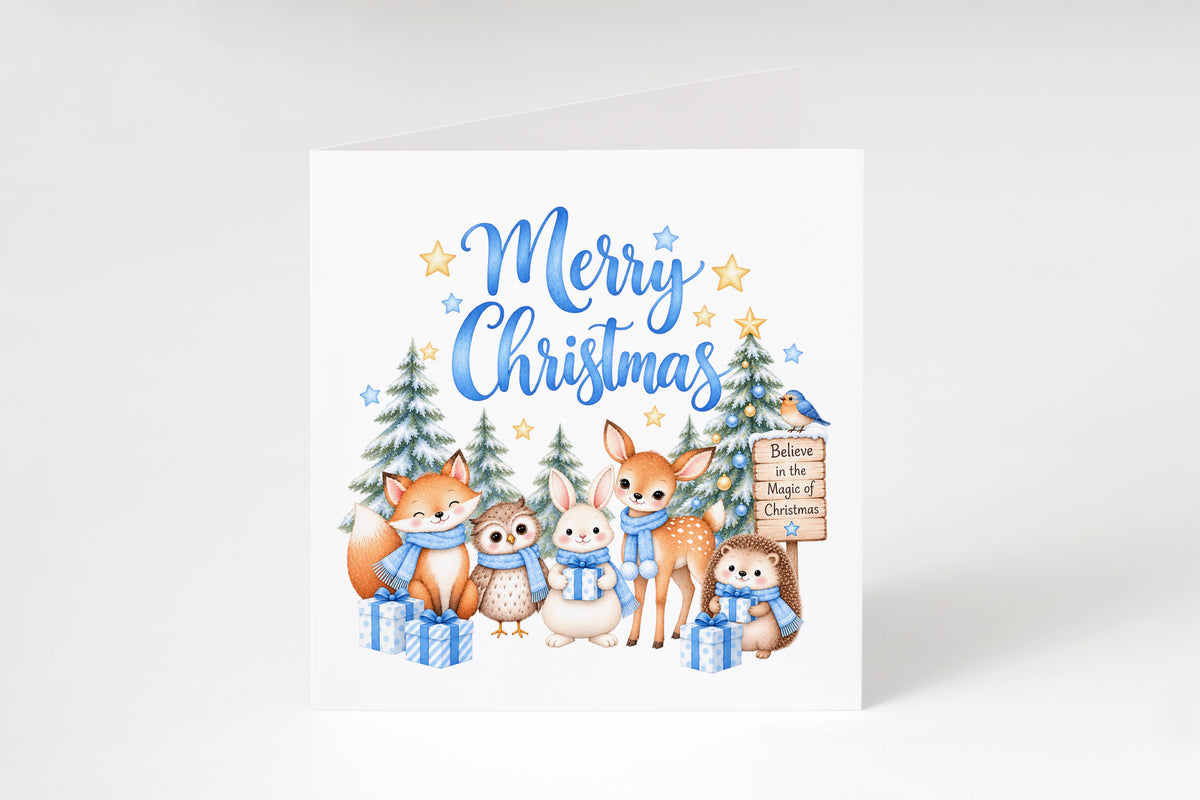 Blue Forest Christmas Card for Boys – Cute Christmas Woodland Animals