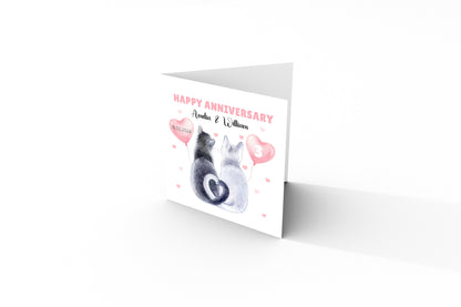 Personalised Cute Cats Anniversary Card - Custom Couple Names, Date and Years of Anniversary for Wedding, 1st, 2nd,10th, 20th - For Cat Lovers, Him, Her, Wife, Husband - Pink Envelope Inclided