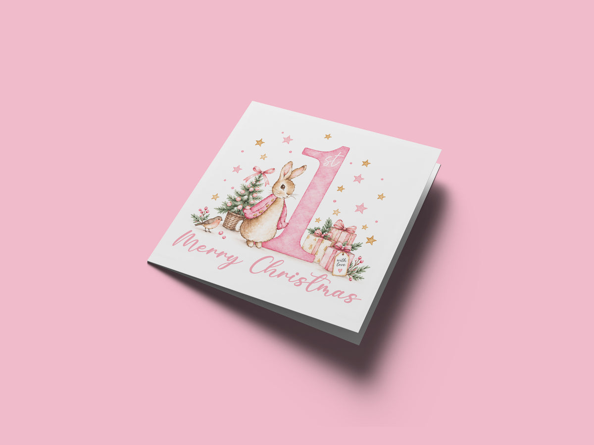 1st Christmas Card for Baby Girls – Cute Pink Rabbit and Number 1