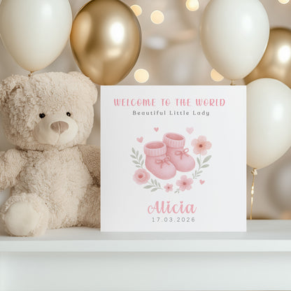 Personalised New Baby Girl Card Congratulations for Newborn Daughter, Granddaughter, Niece - Welcome To The World Card with Pink Baby Shoes Design - Custom Name & Date with Pink Envelope