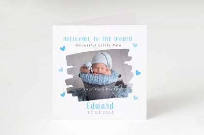 Personalised Photo New Baby Boy Card Congratulations for Newborn Boy, Welcome To The World Card for Son, Grandson, Nephew, Brush Stroke Photo Frame Design with Custom Name & Date with Blue Envelope