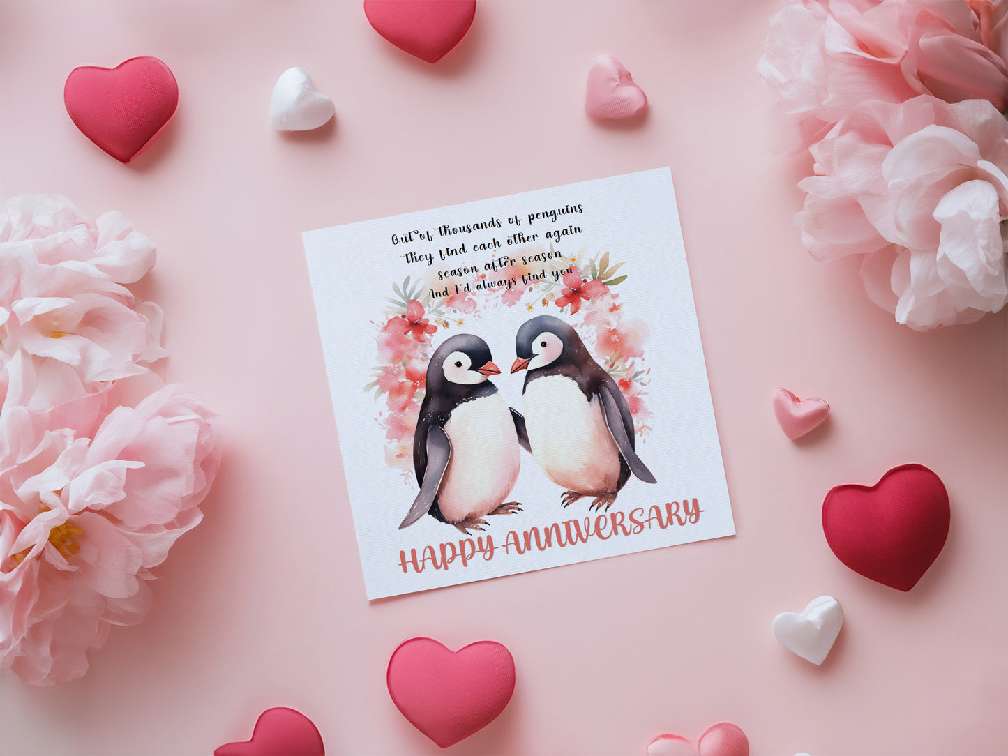 Romantic Penguin Couple Anniversary Card for Wedding, Dating, Relationship Milestones 1st, 2nd, 3rd, 5th, 10th, 20th 30th - For Him, Her, Wife, Husband, Couples - Red Envelope Included