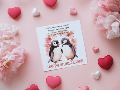 Romantic Penguin Couple Anniversary Card for Wedding, Dating, Relationship Milestones 1st, 2nd, 3rd, 5th, 10th, 20th 30th - For Him, Her, Wife, Husband, Couples - Red Envelope Included