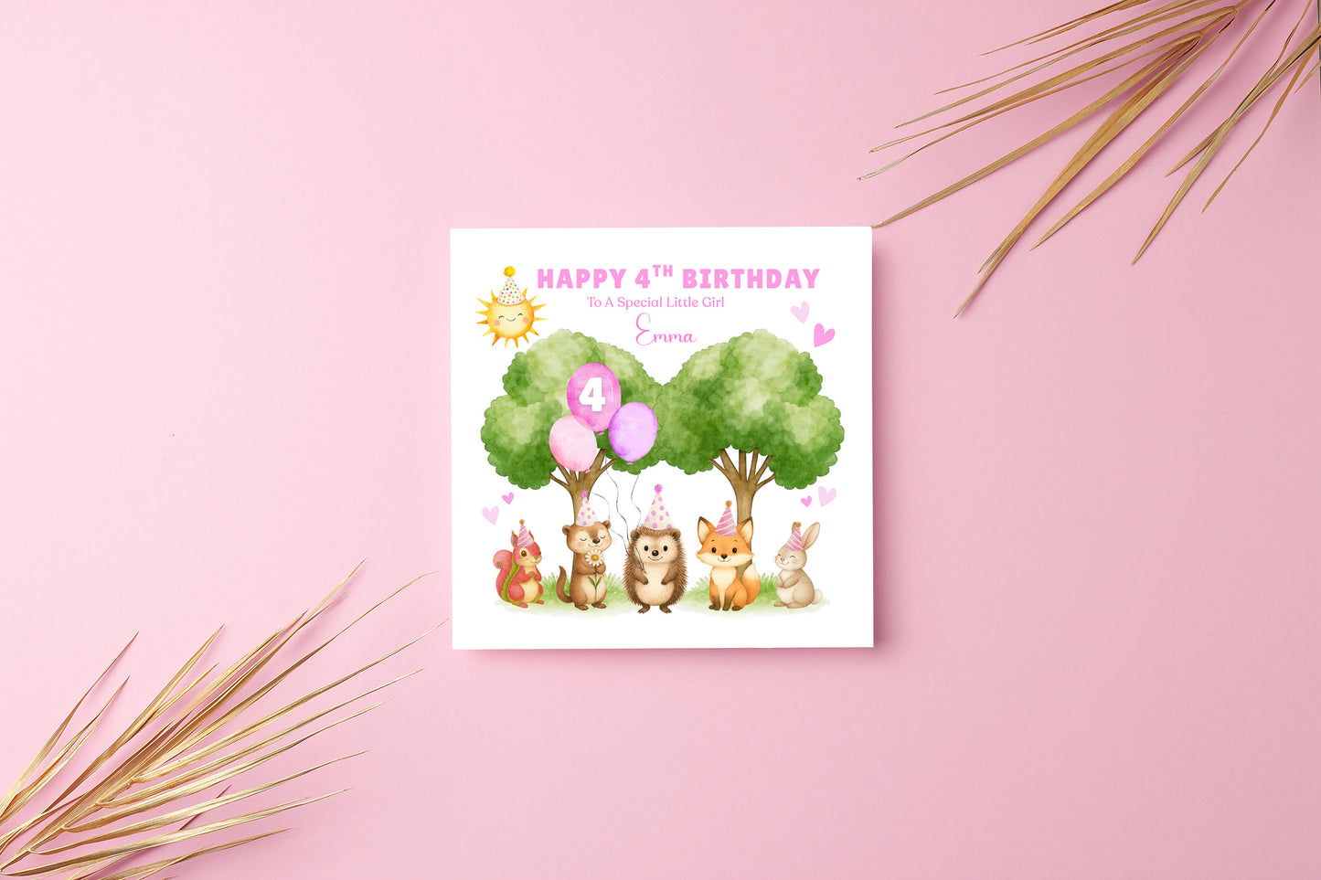 Personalised 4 Years Old 4th Birthday Card for Toddler Girls – Forest Animal Design with Custom Name & Message - Age 4 Woodland Birthday Card for Kids Daughter Granddaughter Niece with Pink Envelope