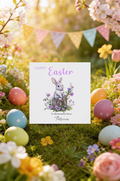 Personalised Happy Easter Card with Custom Name and Message - Purple Bunnies with Spring Flowers Design for Her, Mum, Grandma, Auntie, Daughter, Granddaughter, Niece, Girls – Purple Envelope Included