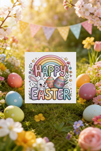 Happy Easter Card with Bunny and Rainbow Design – Cute Spring Holiday Card for Family, Kids, Boys, Girls, Son, Daughter, Nephew, Niece, Granddaughter, Grandson – Yellow Envelope Included