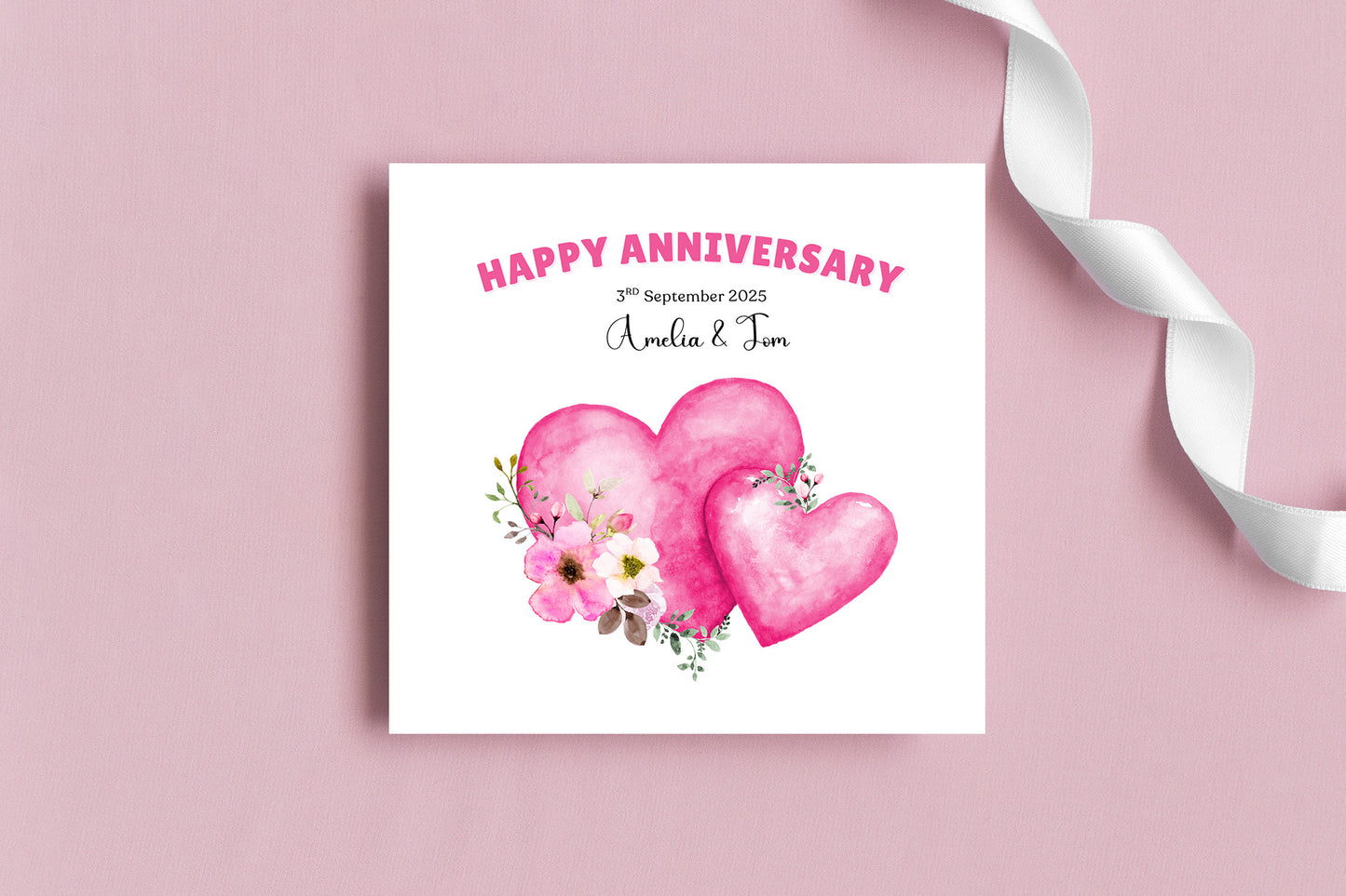 Personalized Wedding Anniversary Card – Two Pink Hearts & Floral Design with Customised Names and Date– for Couples, Husband, Wife, Relationship, Engagement, 1st Date – Pink Envelope Included