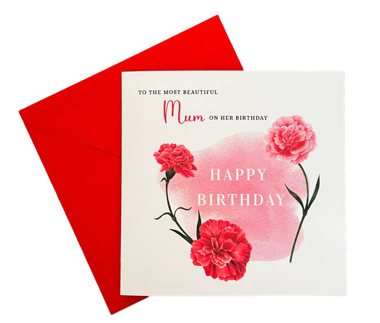 Carnation Floral Birthday Card – Watercolour Flowers for Mum or Mother - Red Envelope Included