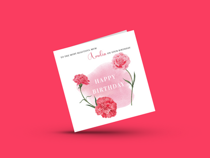 Personalised Mum Birthday Card – Elegant Carnation Flower Design – Custom Name & Message – Handmade Floral Watercolour Card for Mother, Mummy, Mam – Red Envelope Included