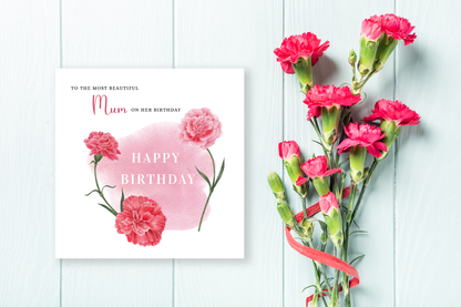 Carnation Floral Birthday Card – Watercolour Flowers for Mum or Mother - Red Envelope Included