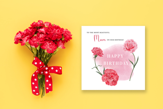 Carnation Floral Birthday Card – Watercolour Flowers for Mum or Mother - Red Envelope Included