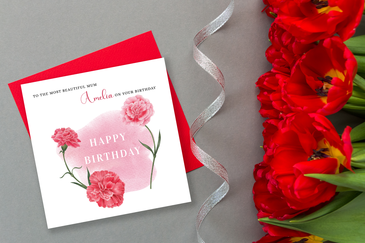 Personalised Mum Birthday Card – Elegant Carnation Flower Design – Custom Name & Message – Handmade Floral Watercolour Card for Mother, Mummy, Mam – Red Envelope Included