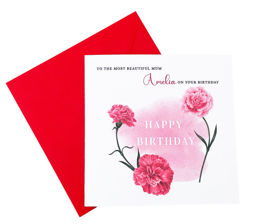 Personalised Mum Birthday Card – Elegant Carnation Flower Design – Custom Name & Message – Handmade Floral Watercolour Card for Mother, Mummy, Mam – Red Envelope Included