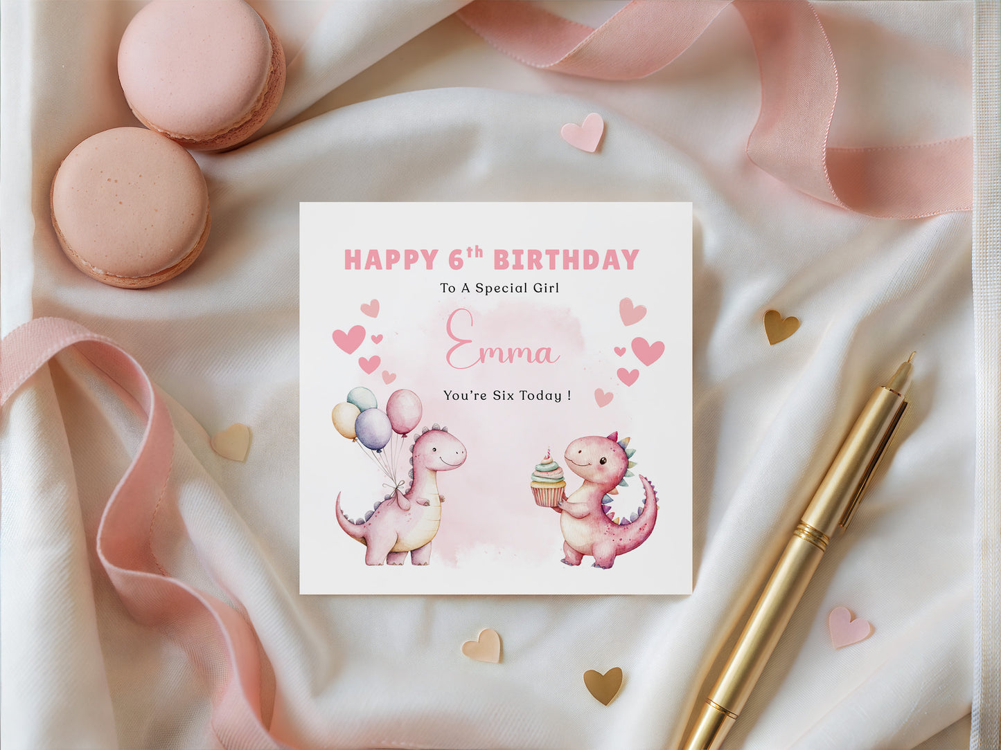 Personalised 6th Birthday Card for Girls – Cute Dinosaurs Design with Custom Name and Message – Age 6 Years Old Birthday Card for Girls, Kids, Daughter, Granddaughter, Niece – Pink Envelope Included