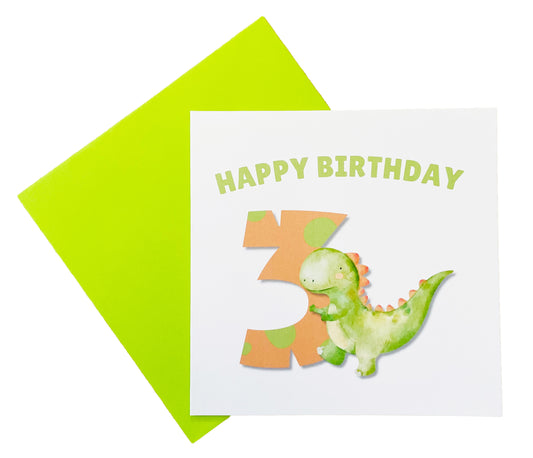 Dinosaur with Big Number 3- 3rd Birthday Card for Toddler - 3 Years Old Birthday Card for Baby Boy, Son, Grandson, Nephew, Children's Birthday Card – Green Envelope Included