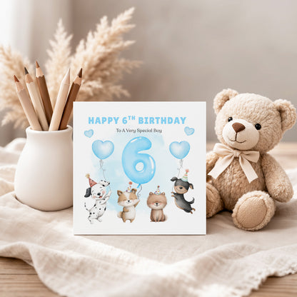 Happy 6th Birthday Card for Boys - Cute Puppy Dogs and Balloon Design - Cute Birthday Card for Age 6 Years Old Boy, Kids, Children, Boy, Son, Grandson, Nephew– Blue Envelope Included