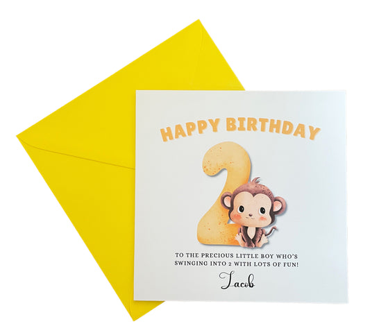 Little Monkey -Personalised Watercolour Effect 2 Year Birthday Folded Card for Boys, Custom Name and Message Two-Year-Old Happy 2nd Birthday Card, Customisable Birthday Card for Children