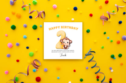 Little Monkey -Personalised Watercolour Effect 2 Year Birthday Folded Card for Boys, Custom Name and Message Two-Year-Old Happy 2nd Birthday Card, Customisable Birthday Card for Children