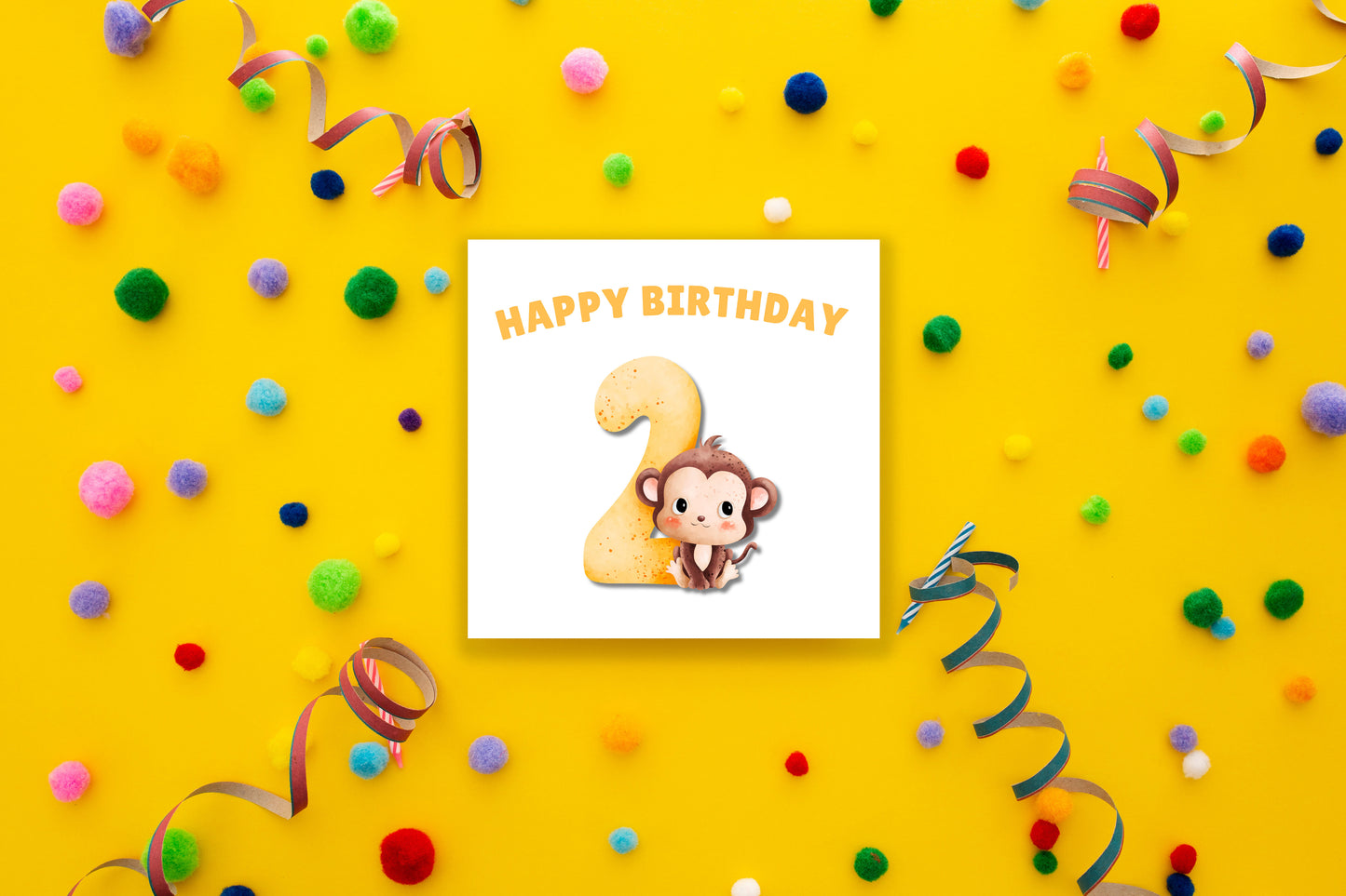 Little Monkey with Big Number 2- 2rd Birthday Card for Toddler - 2 Years Old Birthday Card for Baby Boy, Son, Grandson, Nephew, Children's Birthday Card – Yellow Envelope Included