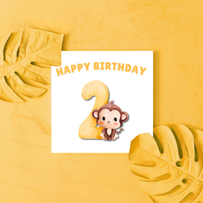 Little Monkey with Big Number 2- 2rd Birthday Card for Toddler - 2 Years Old Birthday Card for Baby Boy, Son, Grandson, Nephew, Children's Birthday Card – Yellow Envelope Included