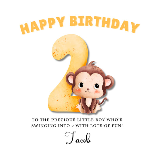 Little Monkey -Personalised Watercolour Effect 2 Year Birthday Folded Card for Boys, Custom Name and Message Two-Year-Old Happy 2nd Birthday Card, Customisable Birthday Card for Children