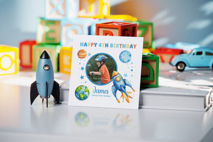 Personalised Photo 4th Birthday Card for Boys – Space-Themed Design with Custom Name and Message, Age 4 Years Old Birthday Card for Kids, Children, Boy, Son, Grandson, Nephew – Blue Envelope Included