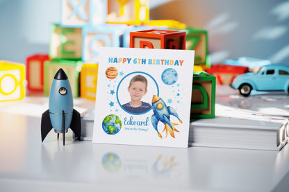 Personalised Photo 6th Birthday Card for Boys – Space-Themed Design with Custom Name and Message, Age 6 Years Old Birthday Card for Kids, Children, Boy, Son, Grandson, Nephew – Blue Envelope Included