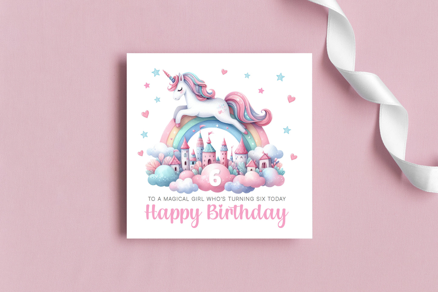 Magical Birthday Card for 6 Years Old 6th Birthday Girls – Sweet Unicorn and Rainbow Design - Age 6 Birthday Card for Kids Children Daughter Granddaughter Niece - Pink Envelope Included