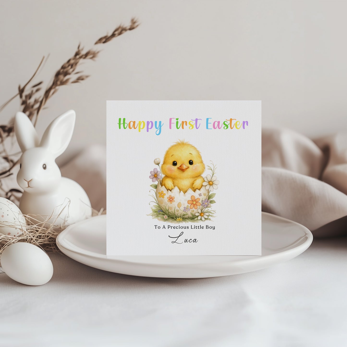 Personalised 1st Happy Easter Card for Baby Girl, Baby Boy with Custom Name and Message - Cute Fluffy Chick Design - First Easter Card for Grandkids, Nephew, Niece, Kids, Little One with Yellow Envelope