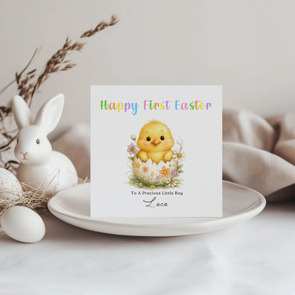 Personalised 1st Happy Easter Card for Baby Girl, Baby Boy with Custom Name and Message - Cute Fluffy Chick Design - First Easter Card for Grandkids, Nephew, Niece, Kids, Little One with Yellow Envelope