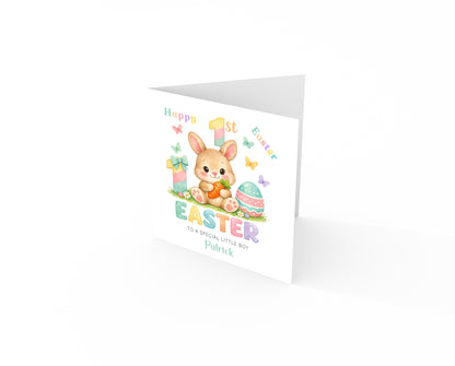 Personalised 1st Happy Easter Card for Baby Girl, Baby Boy with Custom Name and Message - Bunny  Design - Rabbit First Easter Card for Grandkids, Nephew, Niece, Kids, Little One with Green Envelope