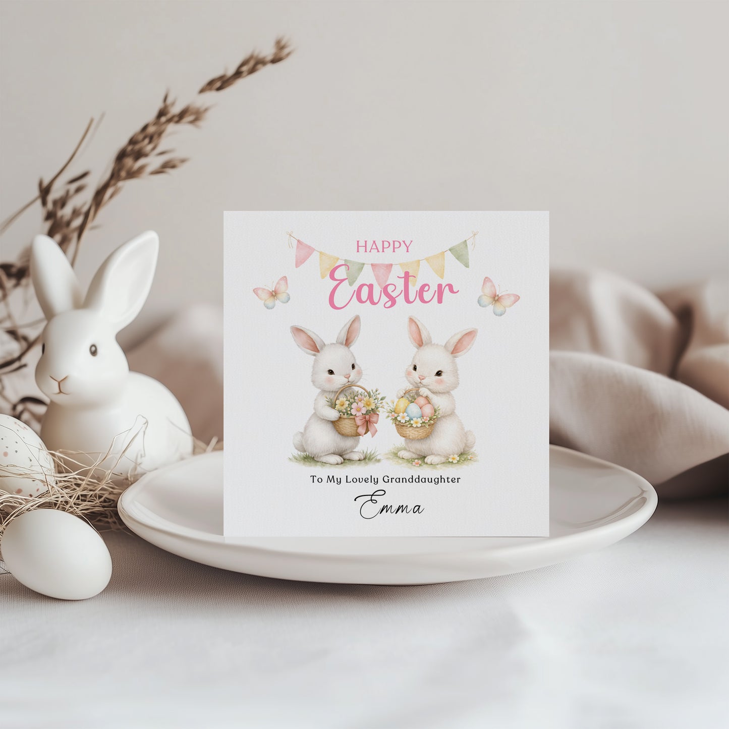 Personalised Happy Easter Card with Custom Name and Message - Two Bunnies Design for Girls,  Mum, Grandma, Auntie, Daughter, Granddaughter, Niece, Baby Girl, Little One – Pink Envelope Included