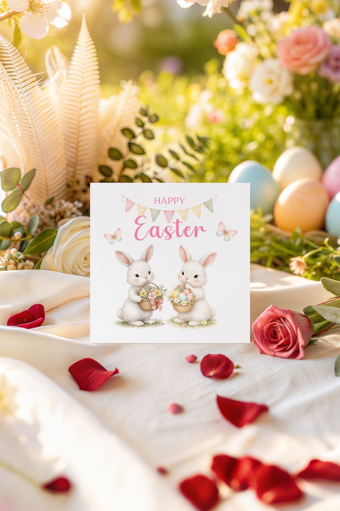 Happy Easter Card with Two Bunnies Design for Girls,  Mum, Grandma, Auntie, Daughter, Granddaughter, Niece, Baby Girl, Little One – Pink Envelope Included